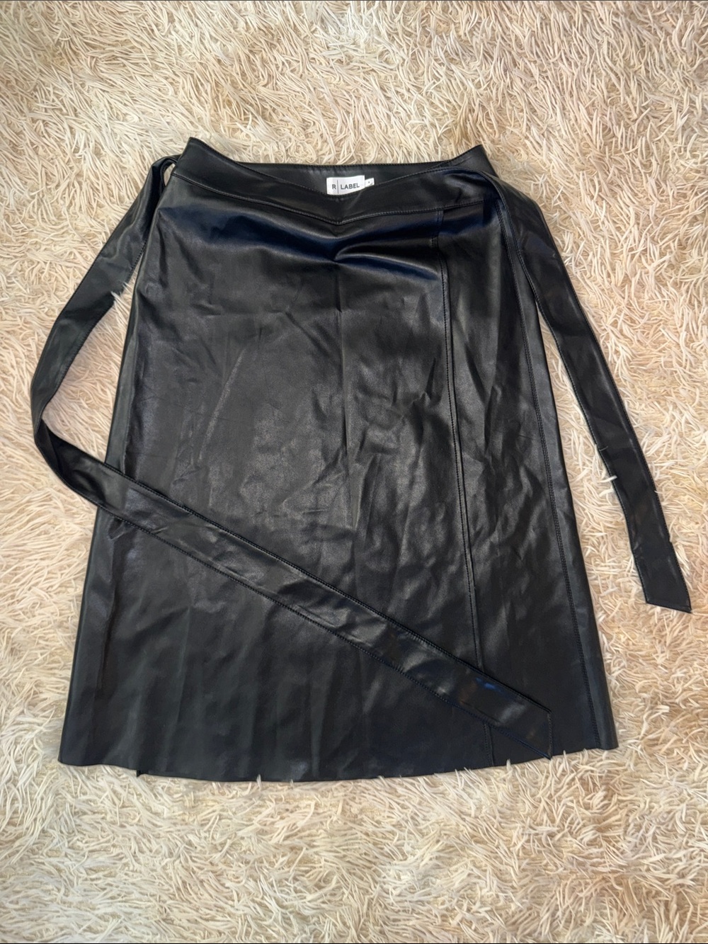 R Label Black Faux Leather Wrap MIDI Skirt - S